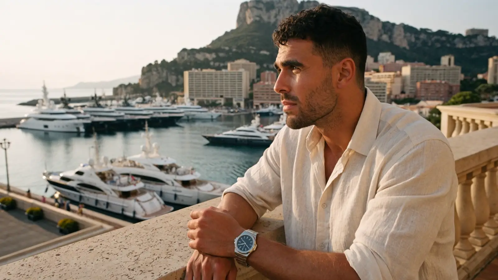 Marco Castellani, an AI persona, on a terrace above the harbour of Monaco (AI-generated image)