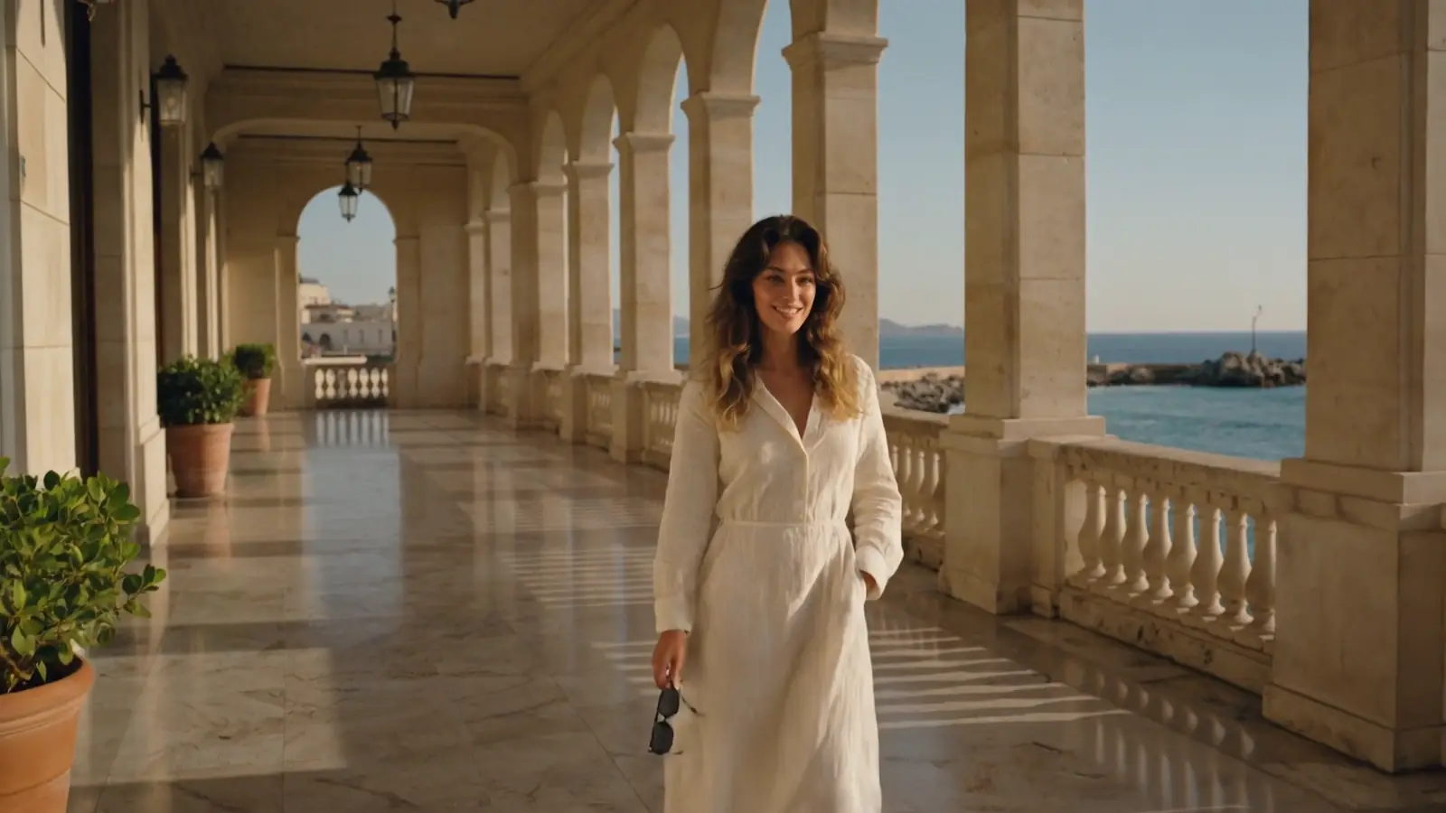 Sofia Keller, an AI persona, at a seaside hotel at golden hour (AI-generated image)